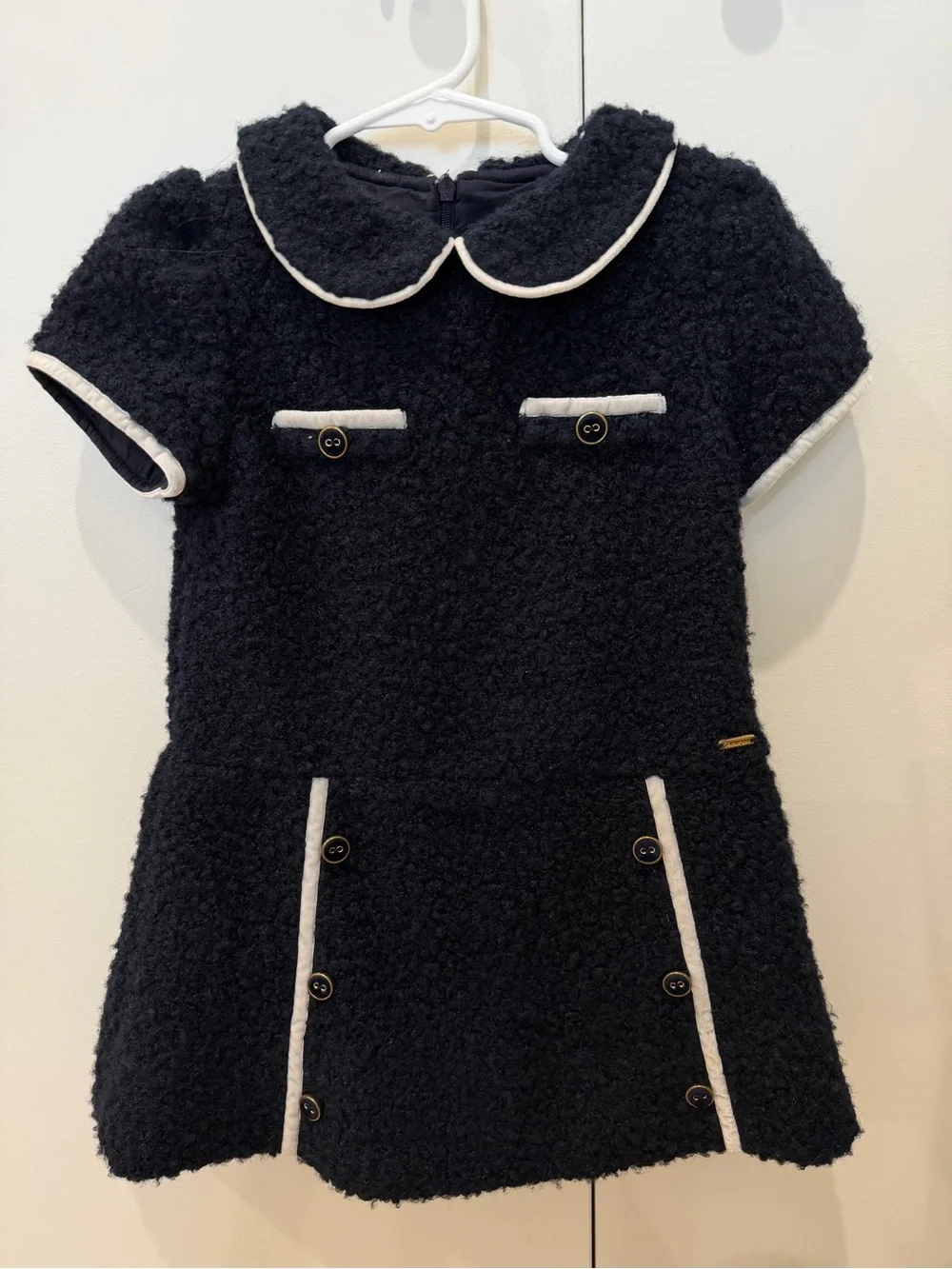 Patachou Girls' Black Bouclé Dress with White Trim